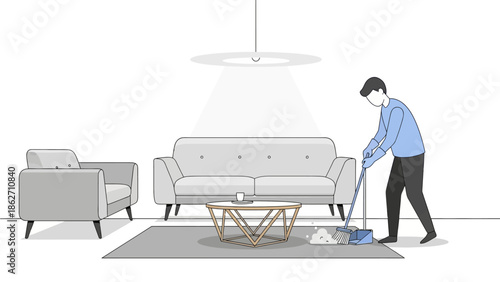 A clean flat design illustration showing a person diligently sweeping the floor in a modern living room, emphasizing home cleanliness. 