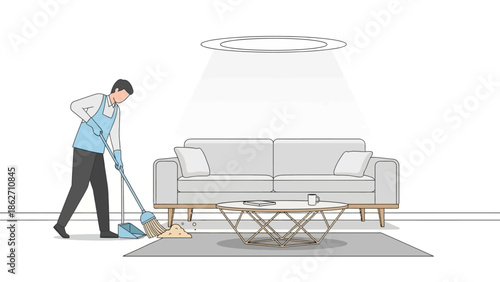 A clean flat design illustration showing a person diligently sweeping the floor in a modern living room, emphasizing home cleanliness. 