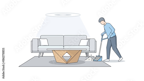 A clean flat design illustration showing a person diligently sweeping the floor in a modern living room, emphasizing home cleanliness. 