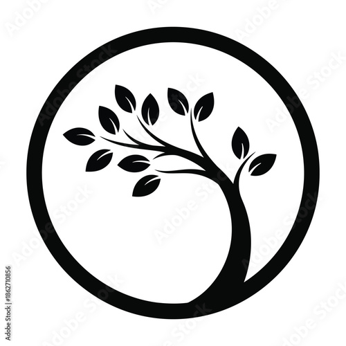 Black silhouette of a stylized tree with leaves inside a circular frame, representing nature, growth, and life.
