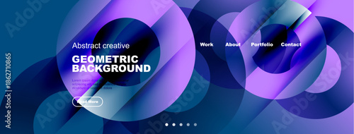 Modern website header design. Abstract shapes, vibrant colors, text overlay, navigation menu present. Clean, professional aesthetic.