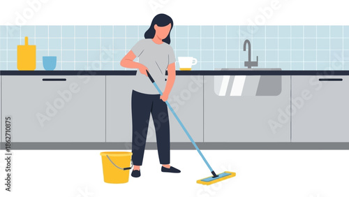 This flat design vector illustration shows a woman effectively mopping a bright kitchen floor, highlighting the importance of a clean home environment. 