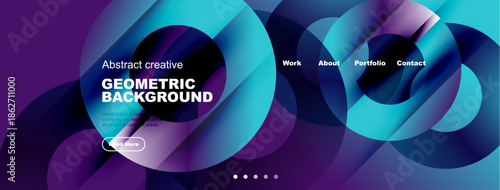 Abstract geometric background design. Vibrant blue, purple hues create modern website header or banner. Text elements present information.
