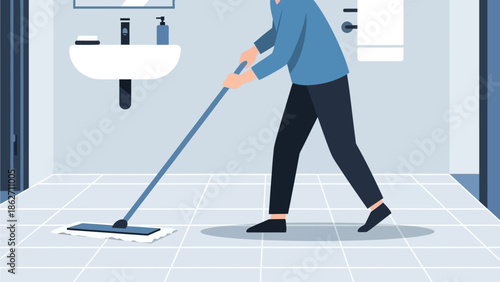 This focused flat design vector illustration shows a person efficiently mopping a bathroom floor, highlighting essential hygiene and cleanliness in the home.