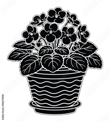 Stylized black and white illustration of a potted flowering plant, possibly an African violet, with a decorative wavy-patterned pot and saucer.