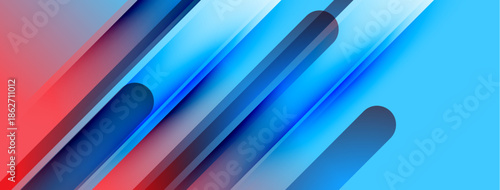 Abstract geometric shapes, vibrant blue, red gradients. Dynamic composition suggests movement, modern design aesthetic. Smooth transitions, clean lines.