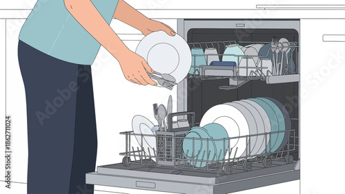 This functional flat design vector illustration shows a person loading a dishwasher in a modern kitchen, representing efficient daily chore management. 