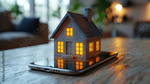 Model house on smartphone table interior image