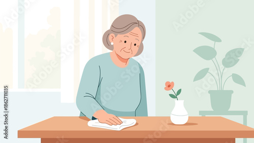 This compassionate flat design vector illustration portrays an elderly woman gently wiping surfaces, symbolizing routine care and maintaining a comfortable home environment. The 2D artwork uses soft, 