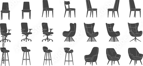 Set of modern chair silhouettes including office swivel chairs, elegant dining furniture, bar stools, lounge armchairs, and interior design icons for home decor vector.