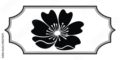 Black silhouette of a five-petaled flower with a detailed center, enclosed within an elegant decorative rectangular frame with curved edges and a double border.