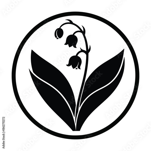 Stylized black and white illustration of a lily of the valley flower with bell-shaped blossoms and broad leaves, enclosed within a circular frame.