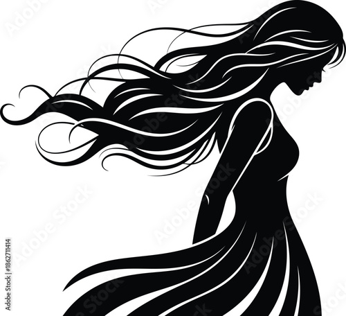 Woman with flowing hair and dress in silhouette