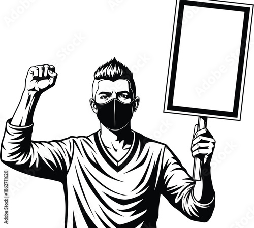 Man wearing mask holding sign and raising fist in protest