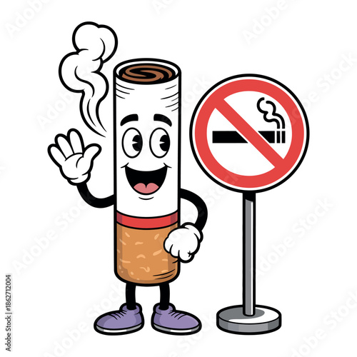 Cartoon cigarette character waves goodbye near prominent no smoking.
