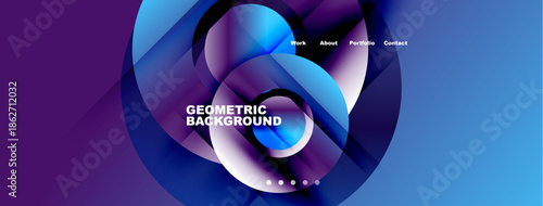 Abstract geometric background features flowing shapes, vibrant blues, purples. Text includes work, about, portfolio, contact. Modern design.