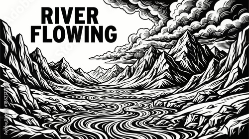 winding river flows through a mountain valley, adding movement and depth to a balanced natural composition favored for travel and environmental design usage