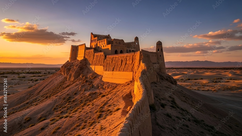 Fototapeta premium Ancient desert castle at sunset landscape.