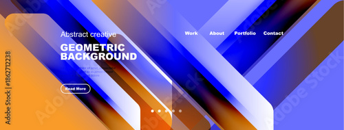 Abstract website header design. Geometric shapes, vibrant colors, navigation menu present. Modern, stylish presentation.