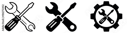 Modern icon set featuring crossed wrench and screwdriver, and a gear with tools for maintenance and service applications