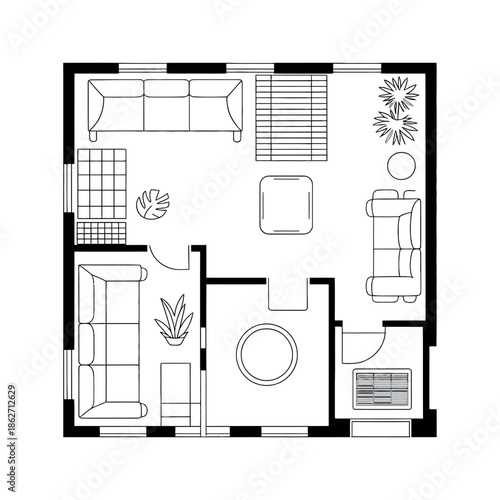 Top down architectural floor plan shows a living room furniture layout.