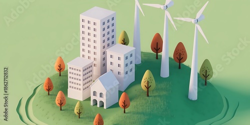 Eco friendly city with wind turbines and green landscape  sustainable urban development