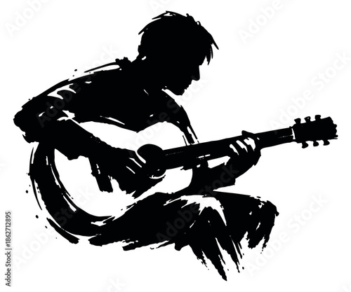 Brush stroke illustration of a guitarist depicting playing music for entertainment