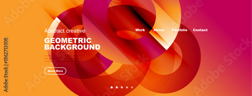 Abstract design features vibrant shapes, gradients. Website header includes navigation, text, button. Modern, colorful presentation.