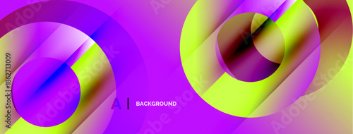 Vibrant abstract background features overlapping circles. Colors blend from purple, pink, yellow, creating dynamic visual effect. Modern design.