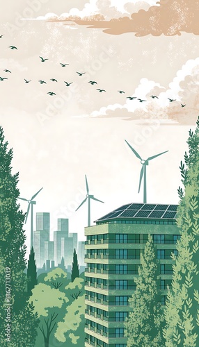 Eco friendly cityscape with wind turbines and solar panels on building rooftop  green environment