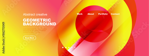 Abstract geometric background. Vibrant colors, flowing shapes, text elements present. Modern design for website header or banner.