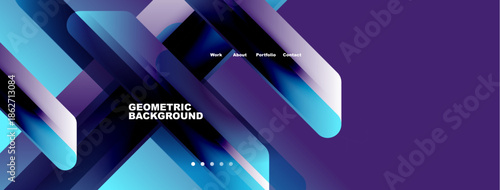 Abstract geometric background features layered shapes, vibrant blues, purples. Navigation includes work, about, portfolio, contact options.