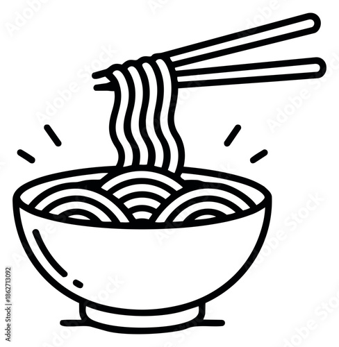 Hand drawn line art illustration of noodles in a bowl depicting them being eaten with chopsticks for an Asian food menu
