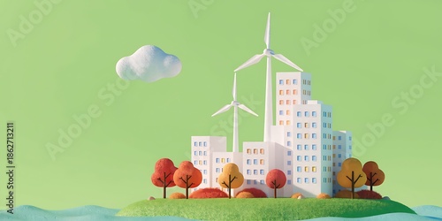 Ecofriendly cityscape with wind turbines and green landscape  sustainable urban development concept