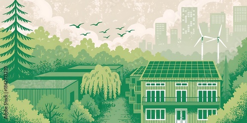 Ecofriendly house with solar panels and wind turbines in green landscape with trees and birds