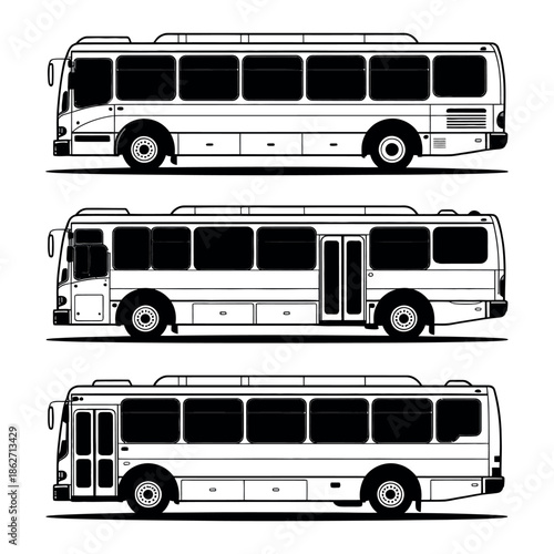 Three public transit passenger buses illustrate various styles of urban.