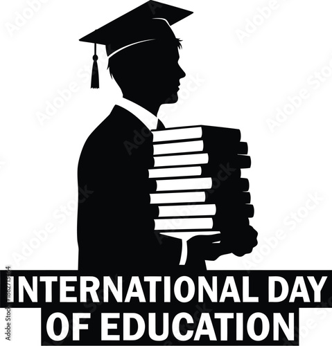 Silhouette of a student wearing a graduation cap holding a large stack of textbooks proudly symbolizing the importance of international day of education awareness