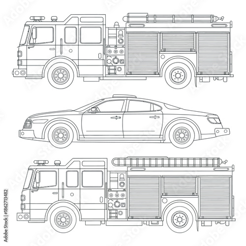 Emergency service vehicles include two fire trucks and one patrol.