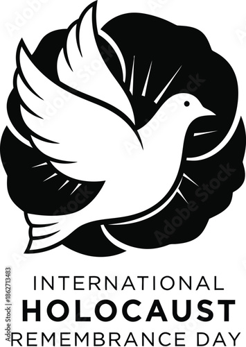 Striking black and white graphic icon featuring a white dove flying past a dark bloom representing the solemn observance of international holocaust remembrance day honoring victims past.