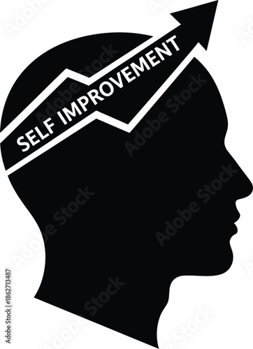 Black and white graphic representation of a human head silhouette illustrating the concept of upward self improvement through personal growth and progressive development