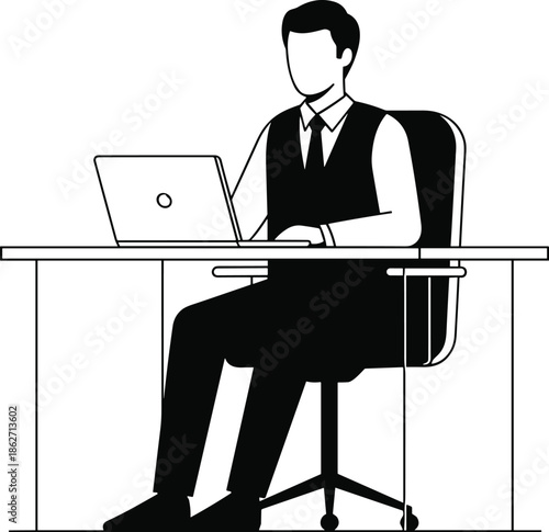 Businessman silhouette, office desk, laptop work, formal attire, seated posture, black figure, remote job, digital workspace, productivity scene, professional setupBusinessman silhouette, office desk