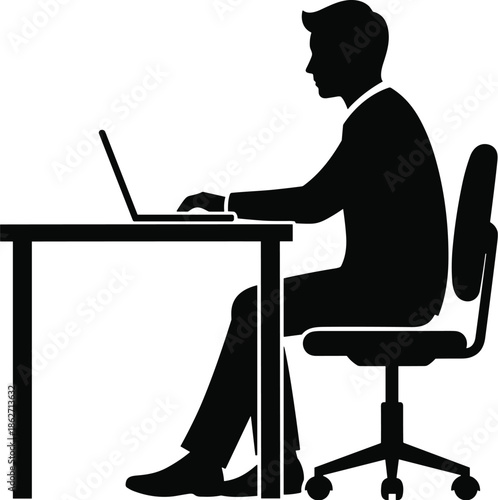 Office worker silhouette, desk setup, laptop use, seated posture, black figure, digital workspace, remote work, productivity scene, ergonomic chair, modern jobOffice worker silhouette