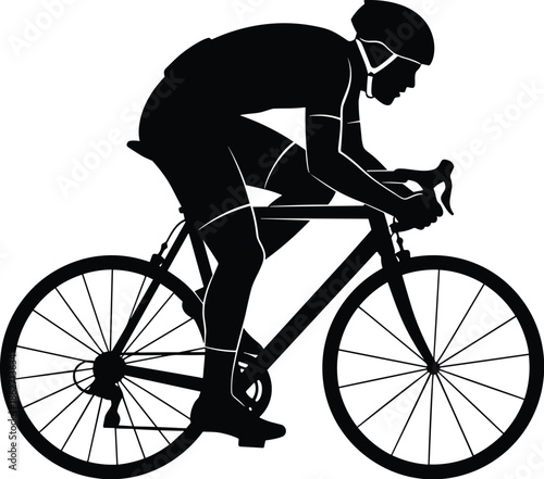Cyclist silhouette, road bike rider, racing posture, helmet gear, black figure, sports motion, outdoor activity, cycling speed, fitness athlete, endurance sportCyclist silhouette, road bike rider