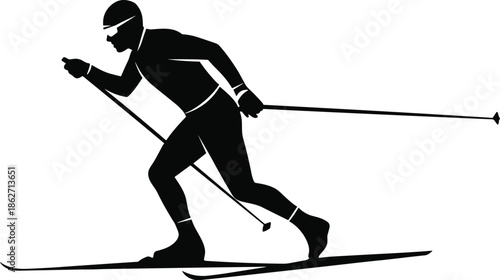 Cross-country skiing silhouette, winter sport action, ski poles, dynamic posture, black figure, snow terrain, outdoor activity, athletic motion, cold weather, skier gearCross-country skiing silhouette