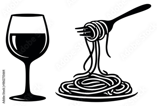 Graphic food and drink set featuring a wine glass and spaghetti twirled on a fork for dining and restaurant themes
