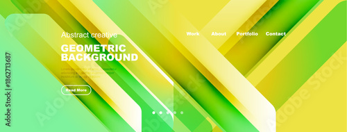 Bright geometric background design. Modern gradients, overlapping shapes create dynamic visual effect. Text elements present, navigation visible.