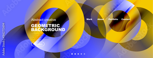 Abstract website header design. Overlapping colorful shapes create dynamic background. Navigation menu present, text visible. Modern aesthetic.