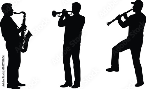 Musician silhouette, saxophone player, trumpet performer, clarinet artist, wind instruments, jazz trio, black figure, musical pose, stage performance, dynamic motionMusician silhouette