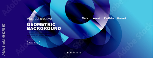 Abstract geometric design features vibrant blue hues, flowing shapes, text elements, navigation menu. Modern aesthetic suitable website header.