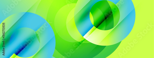Abstract shapes overlap, creating vibrant green, blue gradients. Modern design suggests movement, energy, fluidity. Bright colors dominate composition.